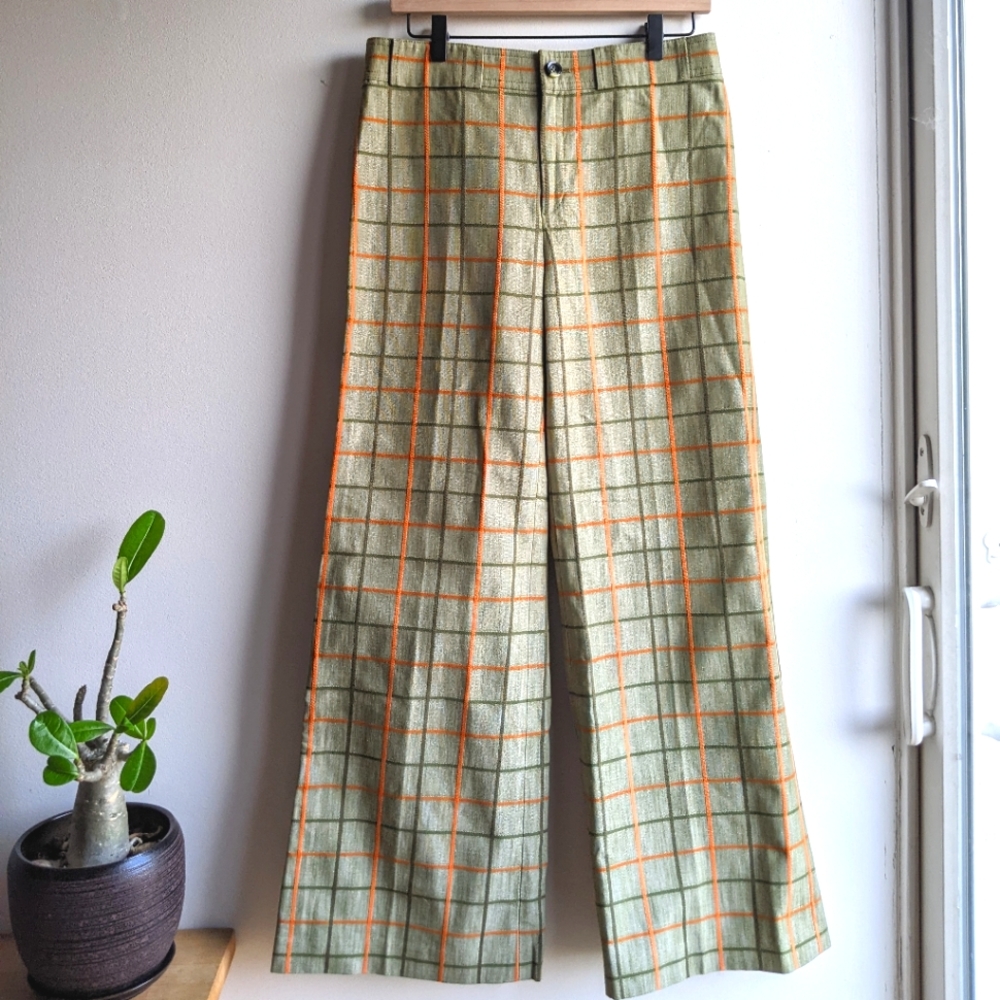 Tory Burch Mint Green Plaid Wide Leg Pants